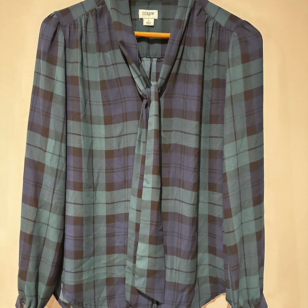 J. Crew Teal and Navy Plaid Tie-Neck Blouse